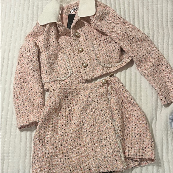 storets Jackets & Blazers - Womens Pink Tweed Jacket & Skirt Set with Pearl Buttons